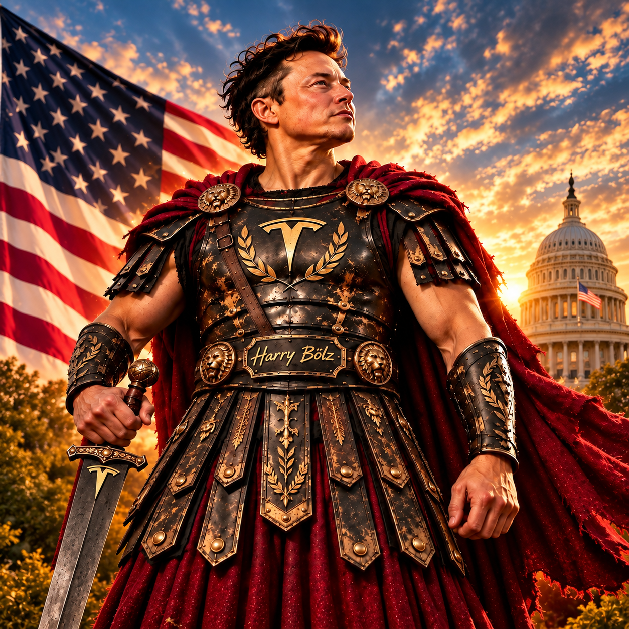 Harry Bōlz as an emperor in ornate armor before the United States Capitol