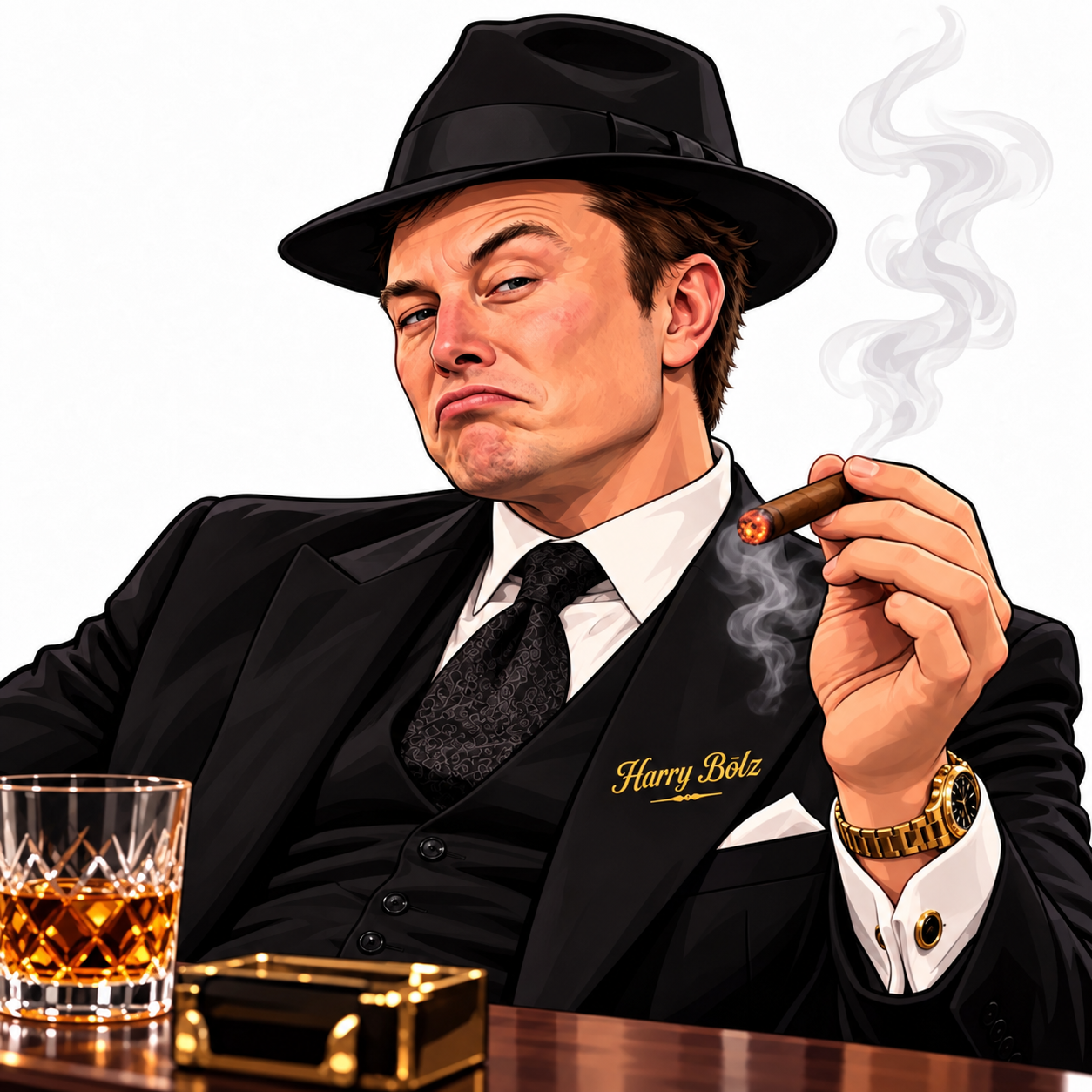 The Bongfather in a black suit and fedora holding a cigar