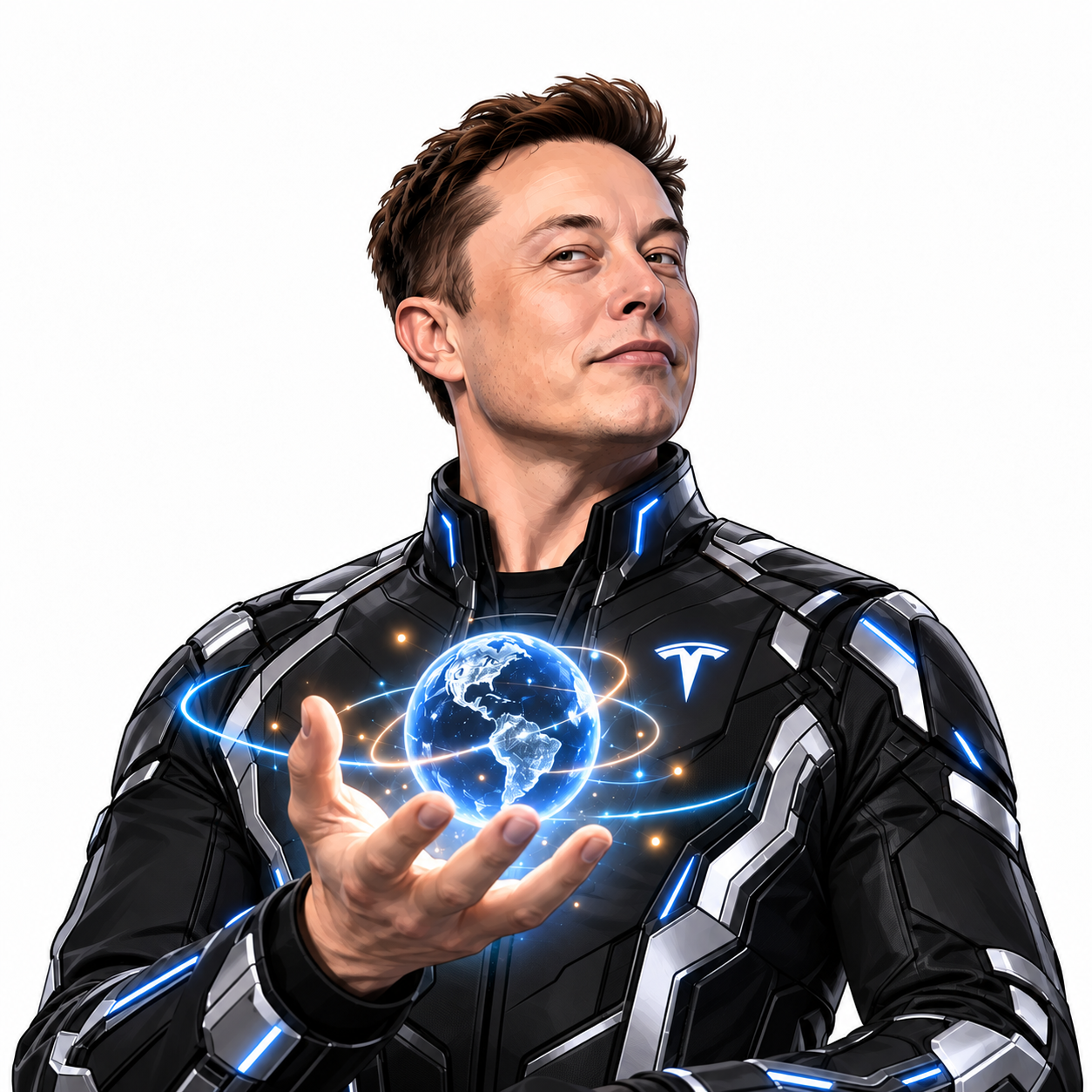 Harry Bōlz in futuristic armor holding a glowing Earth hologram