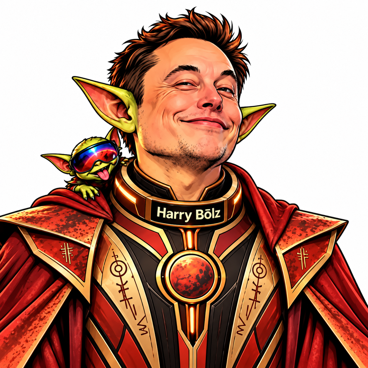 Cartoon Harry Bōlz with elf ears and a small alien companion