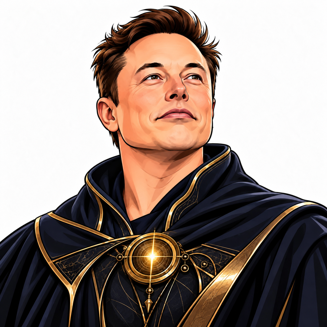 Harry Bōlz in a dark cloak with a glowing golden compass