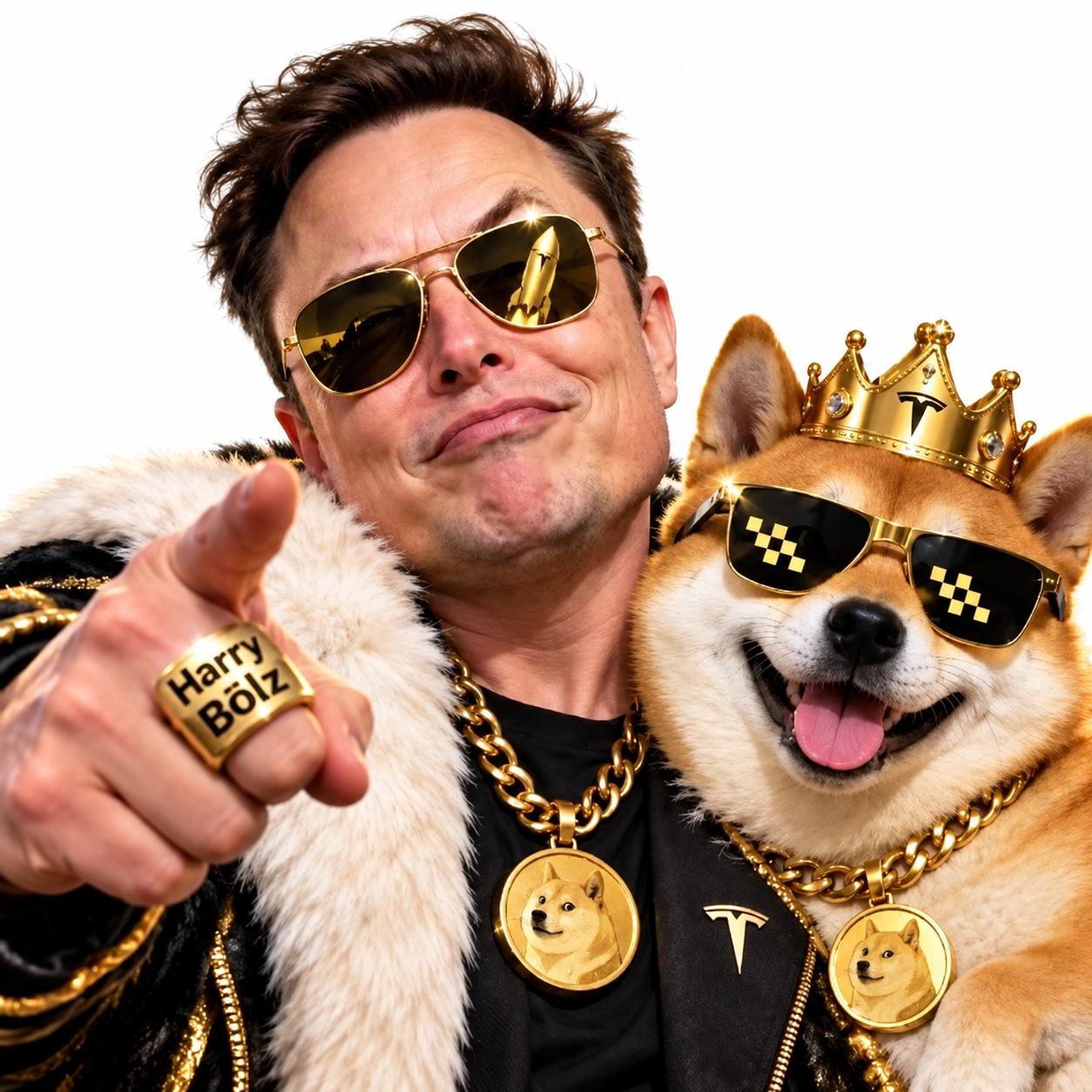 Harry Bōlz with a crowned dog wearing gold sunglasses and chains