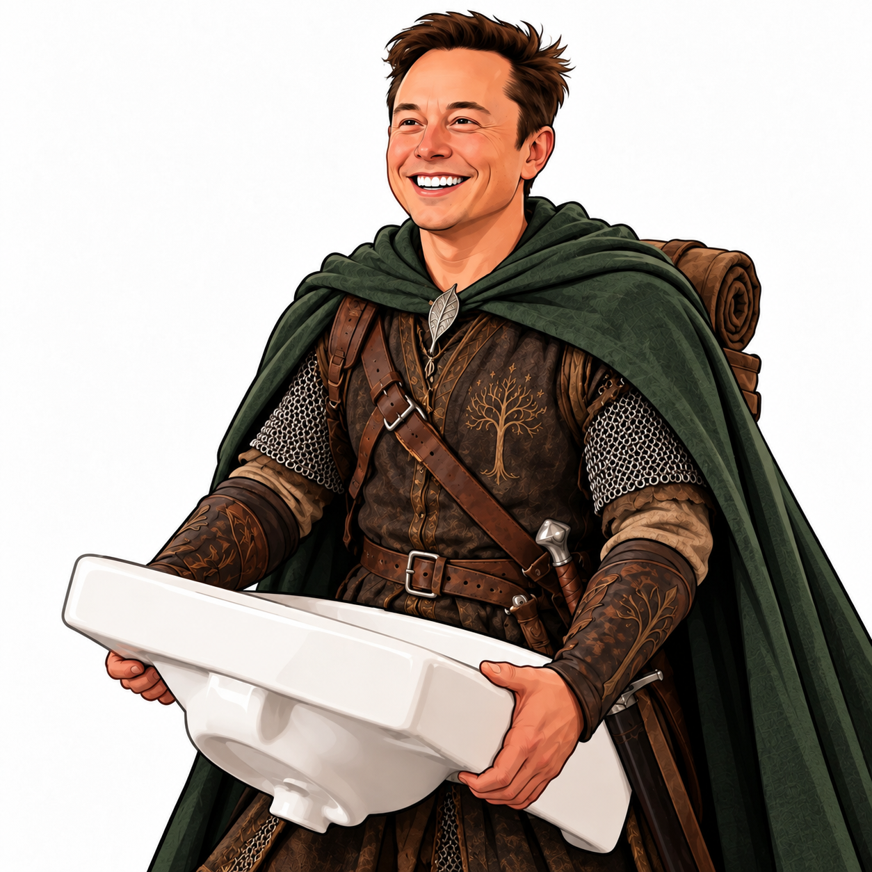 Cartoon Elon as a medieval adventurer carrying a white bathroom sink