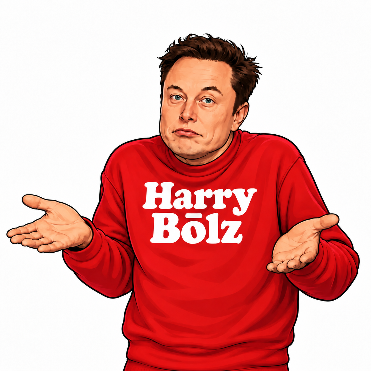 Cartoon Elon shrugging in a red Harry Bōlz sweatshirt